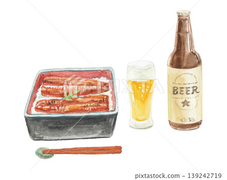 用水彩繪製的鰻魚飯(unaju)插圖。 用水彩繪製的鰻魚飯(unaju)插圖。 139242719