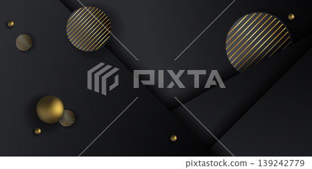 Luxury black and gold abstract background with 3D spheres. Premium dark geometric banner with copy space for business and elegant design Luxury black and gold abstract background with 3D spheres. Premium dark geometric banner with copy space for business and elegant design 139242779