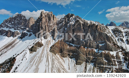 Majestic rocky mountains in snow Alps Dolomites Majestic rocky mountains in snow Alps Dolomites 139242920