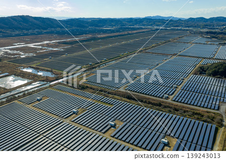 Drone aerial photography of a mega solar power plant along the Seto Inland Sea in Ushimado Town, Okayama Prefecture. Drone aerial photography of a mega solar power plant along the Seto Inland Sea in Ushimado Town, Okayama Prefecture. 139243013
