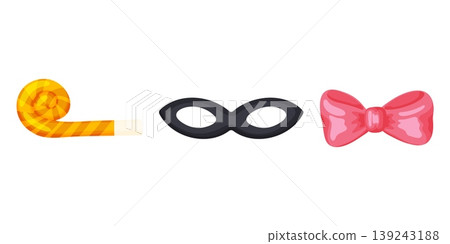Party Blower, Mask and Bow Cartoon Vector Set Party Blower, Mask and Bow Cartoon Vector Set 139243188