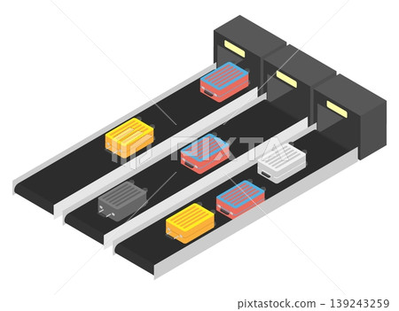 Isometric travel suitcases move along a conveyor belt toward scanners in the airport security area. Cartoon 3D vector concept on blue pink background Isometric travel suitcases move along a conveyor belt toward scanners in the airport security area. Cartoon 3D vector concept on blue pink background 139243259