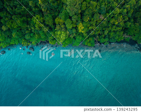 Panoramic aerial view of pristine shallow waters and beautiful coastline. Panoramic aerial view of pristine shallow waters and beautiful coastline. 139243295