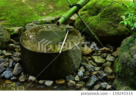 Ryoan-ji Temple, a World Heritage Site in Kyoto City: The moss-covered water basin of contentment Ryoan-ji Temple, a World Heritage Site in Kyoto City: The moss-covered water basin of contentment 139243314