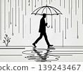 一位男士漫步在雨中的城市。一筆畫。商業/生活方式。簡潔的線條畫。 一位男士漫步在雨中的城市。一筆畫。商業/生活方式。簡潔的線條畫。 139243467