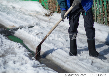 Man shoveling snow from path using shovel. Person clearing ice and slush from sidewalk during winter season. Manual labor, maintenance work and safety concept in cold weather environment. Man shoveling snow from path using shovel. Person clearing ice and slush from sidewalk during winter season. Manual labor, maintenance work and safety concept in cold weather environment. 139243594