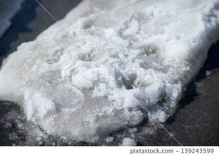 Melting snow on dark asphalt ground. Close up of icy slush texture on road surface. Seasonal transition from winter to spring. Cold weather environment and thaw process in nature. 139243599