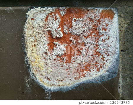 Efflorescence on a brick surface. White salt deposit on old masonry wall. Chemical mineral buildup from moisture infiltration in architectural structure. Dampness and damage concept. Efflorescence on a brick surface. White salt deposit on old masonry wall. Chemical mineral buildup from moisture infiltration in architectural structure. Dampness and damage concept. 139243785