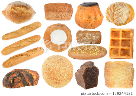 Assorted Freshly Baked Bread and Pastries Set Isolated on White Background Including Baguettes Loaves Waffles and Sweet Buns for Bakery Catalog and Gastronomy Concept Design. Assorted Freshly Baked Bread and Pastries Set Isolated on White Background Including Baguettes Loaves Waffles and Sweet Buns for Bakery Catalog and Gastronomy Concept Design. 139244181