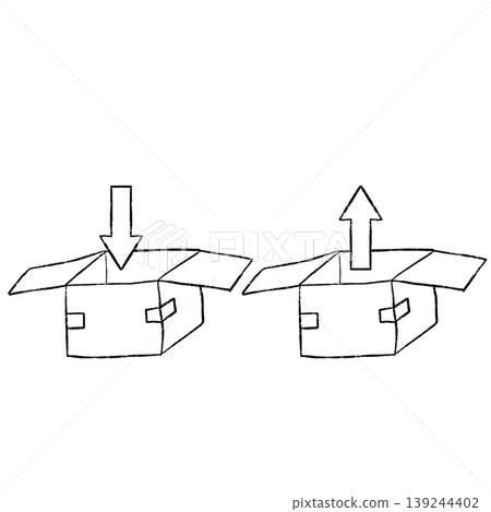 Hand drawn cardboard carton package sketch. Down arrow in, up arrow out sign, import export trade flow. Delivery shipping concept. Isometric wide box set Hand drawn cardboard carton package sketch. Down arrow in, up arrow out sign, import export trade flow. Delivery shipping concept. Isometric wide box set 139244402