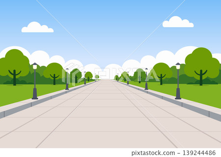 Symmetric park pathway with rows of trees and street lamps in flat vector style. Symmetric park pathway with rows of trees and street lamps in flat vector style. 139244486