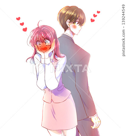 A man and woman in love, back to back; office workers; blushing. A man and woman in love, back to back; office workers; blushing. 139244549