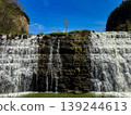 Scenic Tiered Waterfall Cascading Over Rocky Cliffs Under Blue Sky 139244613