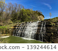 Scenic Tiered Waterfall Cascading Over Rocky Cliffs Under Blue Sky 139244614