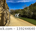 Scenic Riverside Path Leading to Waterfall Under Bright Blue Sky 139244640