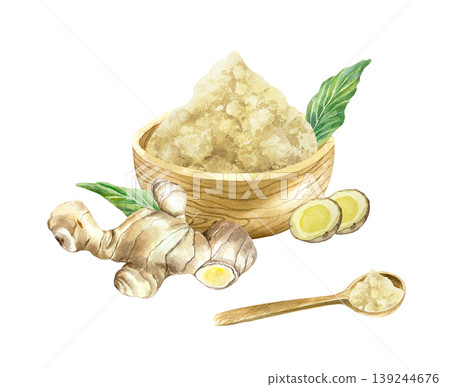 Ginger root, dried powder in a wooden bowl and a handful on a spoon, green leaves. Hand drawn watercolor illustration, isolated. Spice plant for food label design, natural cosmetics and medicine. 139244676