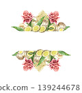 Ginger root template for text insertion. The spice plant, dried powder, pink flower and green leaves. Hand drawn watercolor illustration, isolated. Food label design, natural cosmetics and medicine. 139244678