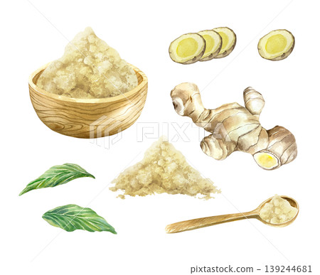 Ginger root set with green leaves, dried powder in a wooden bowl and spoon. Hand drawn watercolor illustration, isolated. Spice plant for food label design, natural cosmetics and medicine. Ginger root set with green leaves, dried powder in a wooden bowl and spoon. Hand drawn watercolor illustration, isolated. Spice plant for food label design, natural cosmetics and medicine. 139244681