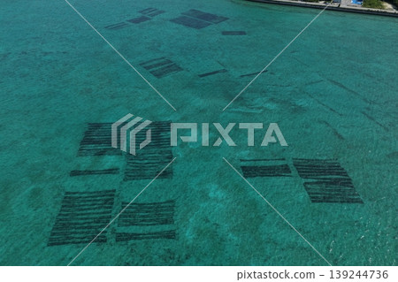 沖繩縣濱比賀島附近海藻養殖場及清澈海水的無人機空拍照片。 沖繩縣濱比賀島附近海藻養殖場及清澈海水的無人機空拍照片。 139244736