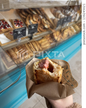 Delicious Pastry with Sausage in a Bakery Setting Delicious Pastry with Sausage in a Bakery Setting 139245021