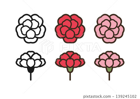 Mother's Day Carnation Icon Set of 6 (Line Art and Color) Mother's Day Carnation Icon Set of 6 (Line Art and Color) 139245102