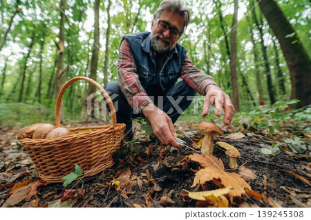 Found one, slicing it with the knife. Mushroom picking. Man is in the forest at daytime Found one, slicing it with the knife. Mushroom picking. Man is in the forest at daytime 139245308