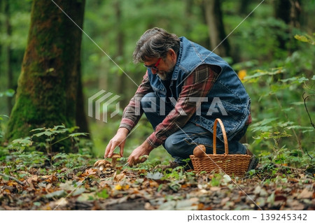 Identification if it's safe one. Mushroom picking. Man is in the forest at daytime Identification if it's safe one. Mushroom picking. Man is in the forest at daytime 139245342
