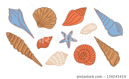 Collection of colorful seashells and starfish on white background for marine-themed design Collection of colorful seashells and starfish on white background for marine-themed design 139245419