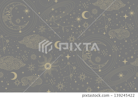 Gray seamless pattern with star constellations and clouds 139245422
