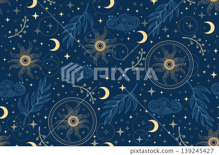 Star constellation with clouds and sun blue seamless pattern Star constellation with clouds and sun blue seamless pattern 139245427