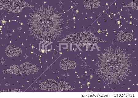 Star constellation clouds and sun seamless pattern purple Star constellation clouds and sun seamless pattern purple 139245431