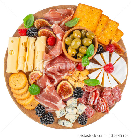 Gourmet charcuterie board with cheese prosciutto olives fruits and crackers isolated on white background top view Gourmet charcuterie board with cheese prosciutto olives fruits and crackers isolated on white background top view 139245504