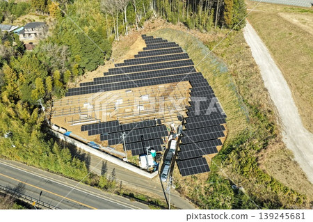 Drone aerial photography of a solar power generation facility installation site. Drone aerial photography of a solar power generation facility installation site. 139245681