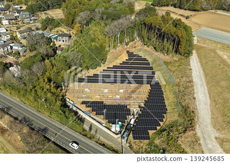Drone aerial photography of a solar power generation facility installation site. Drone aerial photography of a solar power generation facility installation site. 139245685