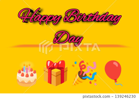 Happy Birthday Greeting on Vibrant Yellow Background with Party Icons 139246230