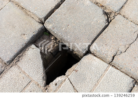 Detailed pavement inspection. Inspection image highlighting soil layers and slab fractures Detailed pavement inspection. Inspection image highlighting soil layers and slab fractures 139246259