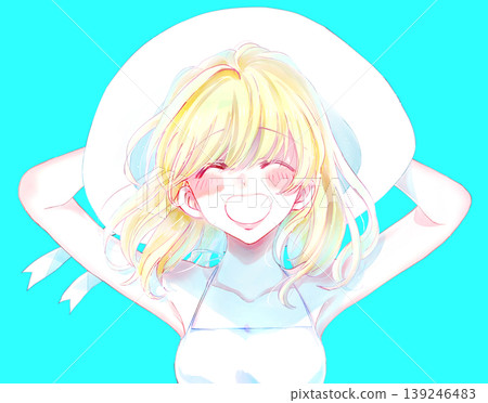 夏日里,一位微笑的女子拿著帽子;金髮碧眼,戴著帽子。 夏日里,一位微笑的女子拿著帽子;金髮碧眼,戴著帽子。 139246483