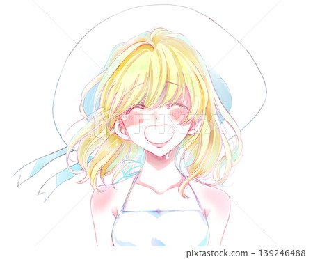 A woman with blonde hair and a hat, smiling and crying in the summer. A woman with blonde hair and a hat, smiling and crying in the summer. 139246488