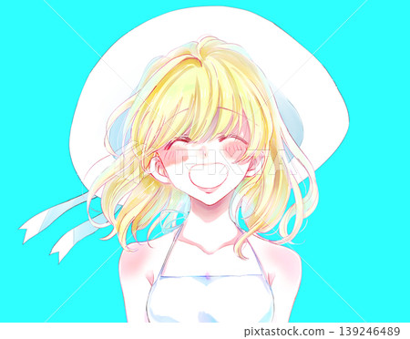 Smiling summer woman, blonde hair, wearing a hat Smiling summer woman, blonde hair, wearing a hat 139246489