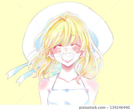 一位微笑的夏日女子，金髮碧眼，戴著帽子。 139246490
