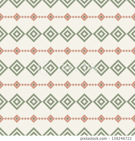Seamless geometric pattern with minimalist Japandi nested diamonds and horizontal stripes in sage green and soft clay. 139246722