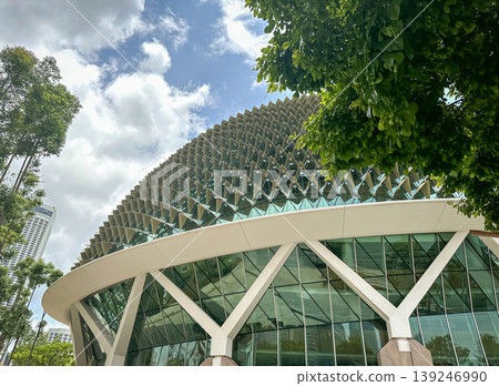 Panoramic view of Esplanade Theatres on the Bay, iconic durian-shaped architecture, Marina Bay Waterfront, Singapore Panoramic view of Esplanade Theatres on the Bay, iconic durian-shaped architecture, Marina Bay Waterfront, Singapore 139246990
