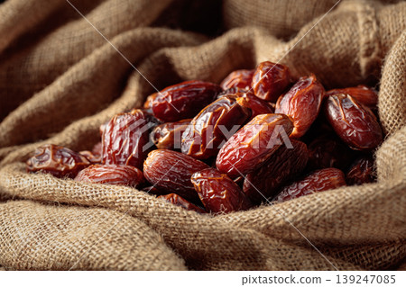 Dates in burlap bag. 139247085