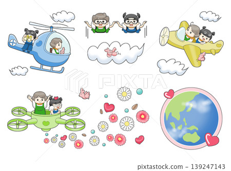 A set of illustrations of flying vehicles and children. A set of illustrations of flying vehicles and children. 139247143