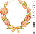 A frame of coral (orange) tulips, painted in watercolor. Hand-drawn illustration 139247149