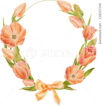 A frame of coral (orange) tulips, painted in watercolor. Hand-drawn illustration 139247149