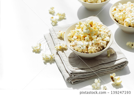 Popcorn Bowl on White Wooden Table Popcorn Bowl on White Wooden Table 139247193