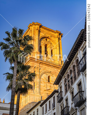 Granada Cathedral Bell Tower At Sunset With Palm Trees Framing Historic Stone Architecture Granada Cathedral Bell Tower At Sunset With Palm Trees Framing Historic Stone Architecture 139247242