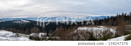 Winter evening overcast twilight mountains (Ukraine, Carpathians - mountain peaks scenery view from Yablunytsia Pass). Winter evening overcast twilight mountains (Ukraine, Carpathians - mountain peaks scenery view from Yablunytsia Pass). 139247378