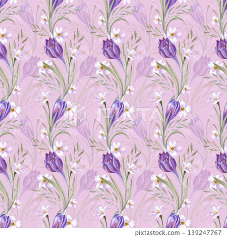 Elegant seamless watercolor pattern with vertical rows of purple crocuses and delicate white meadow flowers. The drawing is made on a pink background. The repeating pattern is perfect for women's Elegant seamless watercolor pattern with vertical rows of purple crocuses and delicate white meadow flowers. The drawing is made on a pink background. The repeating pattern is perfect for women's 139247767